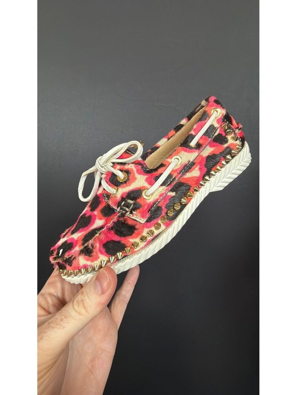 Christian Louboutin Pink Leopard Horse Hair Boat Shoes Size 35